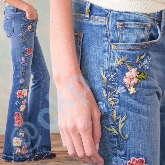 Free People x Driftwood Farrah Embroidered Flare Jeans Sz 27 - Picture 4 of 16